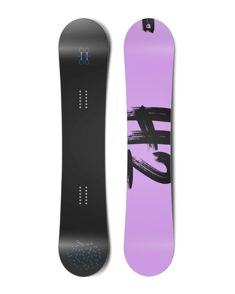 Top and bottom view of a snowboard. The top view shows stylized hydrogen bonds and the bottom view shows "H2" in a brush script typeface.