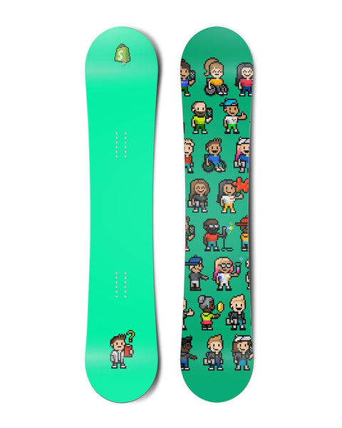 Top and bottom view of a snowboard. The top view shows a pixelated Shopify bag logo and a
        pixelated character reviewing a clipboard with a questioning expression with a bright green-blue background.
        The bottom view is a pattern of many pixel characters with a bright green-blue background.