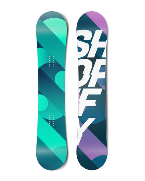 Top and bottom view of a snowboard. The top view shows abstract circles and lines in shades of
          teal. The bottom view shows abstract circles and lines in shades of purple and blue with the text “SHOPIFY”
          in a sans serif typeface on top.