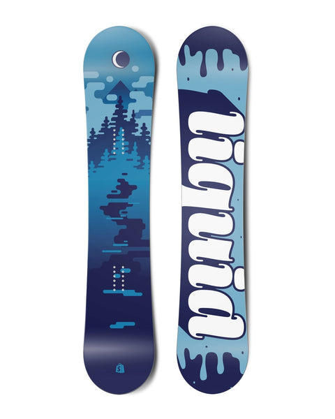 Top and bottom view of a snowboard. The top view shows a stylized scene of water, trees, mountains, sky and a moon in blue colours. The bottom view has a blue liquid, drippy background with the text "liquid" in a stylized script typeface.
