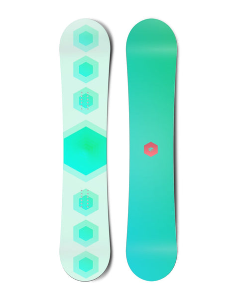 Top and bottom view of a snowboard. The top view shows 7 stacked hexagons and the bottom view
          shows a small, centred hexagonal logo for Hydrogen.