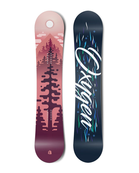 Top and bottom view of a snowboard. The top view shows a stylized scene of trees, mountains, sky and a sun in red colours. The bottom view has blue wavy lines in the background with the text "Oxygen" in a stylized script typeface.