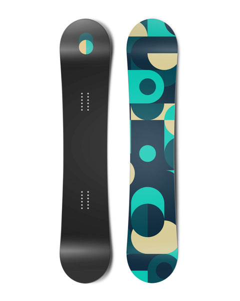 Top and bottom view of a snowboard. The top view shows a toggle at the top in shades of blue and
        yellow. The bottom view shows an abstract illustration of toggles in blues and yellows.